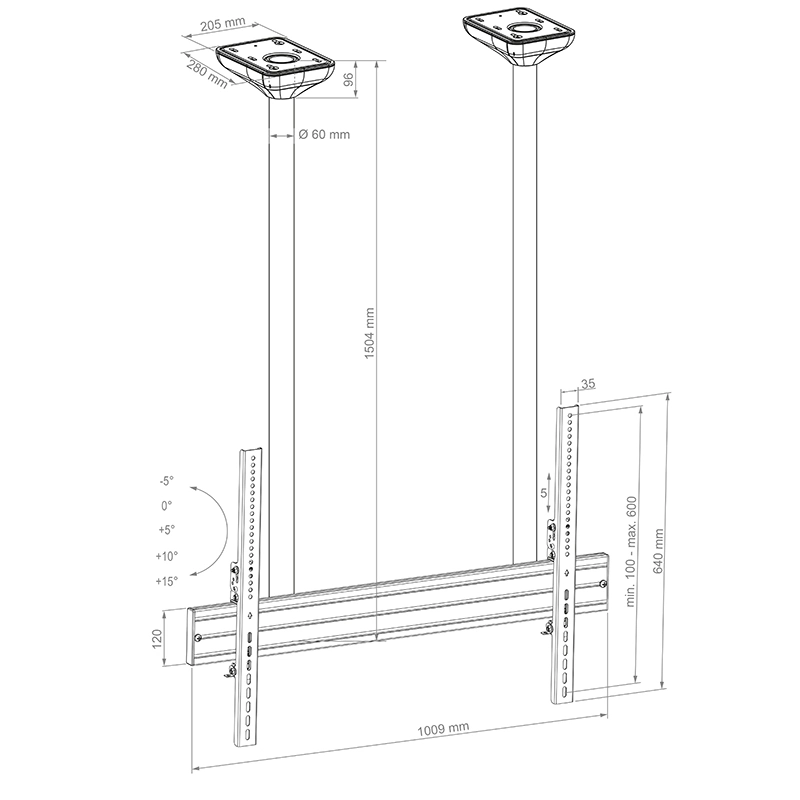 Hagor PLD Single HD 2700 - Deckenhalterung 75-100 Zoll - neigbar, höhenverstellbar - Landscape - bis 100 kg - VESA 900x600 - schwarz