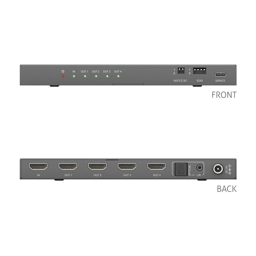 PureTools PT-SP-HD14-48G - HDMI 2.1 Splitter 1x4 - 48 Gbps - 8K@60Hz / 4K@120Hz - HDCP 2.3 - Audio De-Embedding SPDIF + Klinke - schwarz