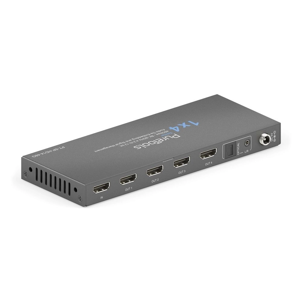 PureTools PT-SP-HD14-48G - HDMI 2.1 Splitter 1x4 - 48 Gbps - 8K@60Hz / 4K@120Hz - HDCP 2.3 - Audio De-Embedding SPDIF + Klinke - schwarz