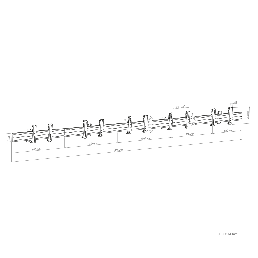 Hagor CPS Menuboard W5L 3322 - Wandhalterung 5x 32-43" - Landscape - neigbar -5°/+15° - max. 50 kg je Display - VESA 200x200 - Schwarz